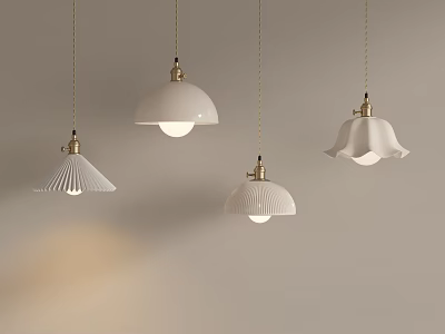 White Pendant Lights With Various Designs Hanging On White Wall 3d model