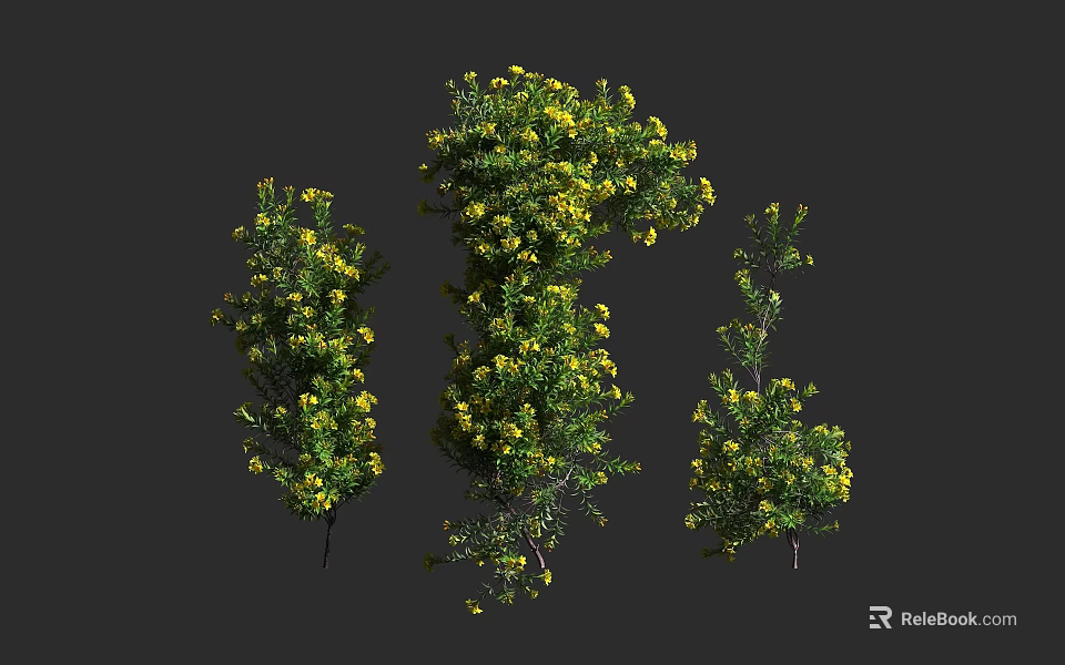 Green Leafy Shrubs With Yellow Flowers In Varied Sizes And Natural Shapes 3d model 