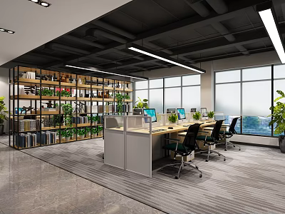 Modern Public Office Space With Bookshelves Green Plants Work Desks And Large Windows 3d model