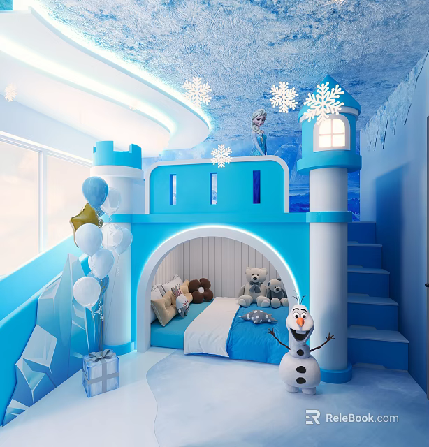 Frozen Themed Hotel Guest Room With Castle Shaped Bed Plush Toys Snowflake Decor And Balloons 3d model 