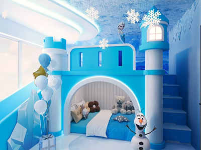 Frozen Themed Hotel Guest Room With Castle Shaped Bed Plush Toys Snowflake Decor And Balloons 3d model