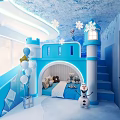 Frozen Themed Hotel Guest Room With Castle Shaped Bed Plush Toys Snowflake Decor And Balloons
