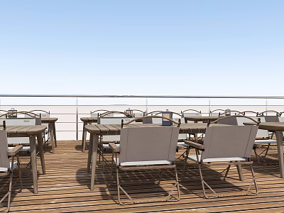 Outdoor Table Setup on Wooden Deck with Chairs Blue Sky and Railing 3d model