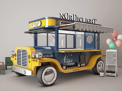 Blue And Yellow Nordic Light Coffee Food Truck With Colorful Balloons 3d model
