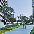 Modern High Rise Residential Landscape With Wooden Lattice Walkway Entrance Area And Greenery Pathway
