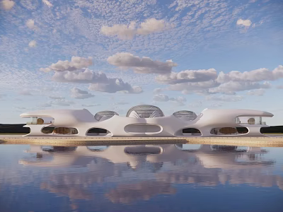 Scenic Modern White Curved Building With Water Reflection And Cloudy Sky 3d model