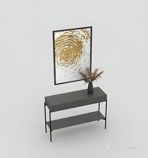 Modern Home Decor Featuring Gray Console Table Black Vase And Gold Spiral Painting On Wall 3d model 