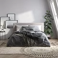 Double Bed with Gray Bedding Framed Pictures Potted Plant Near Window and Wooden Floor Rug