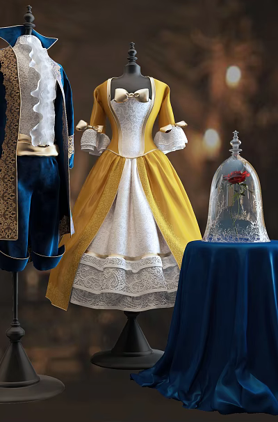 Mannequins Wearing Elegant Yellow White Costumes With Red Rose In Glass Dome 3d model