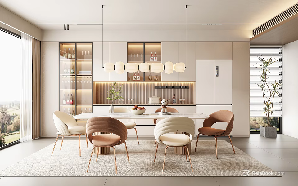 Modern Restaurant Interior With Dining Table Chairs Pendant Lights And Cabinets 3d model 