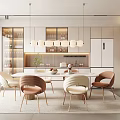 Modern Restaurant Interior With Dining Table Chairs Pendant Lights And Cabinets