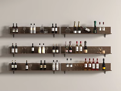 Three Wooden Shelves with Wine Bottles and Glasses on Light Colored Wall 3d model