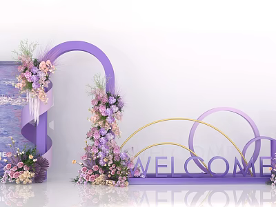 Floral Decoration Featuring Purple Arch Pink and Purple Flower Bouquets Golden Rings and Welcome Sign 3d model