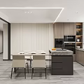 Stylish Modern Dining Area With Open Kitchen Island Counter Dining Table And Cabinets 3d model