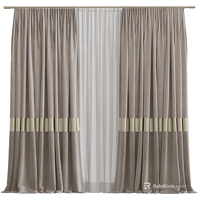 Elegant Gray Striped Curtains With White Sheer Layer And Decorative Trim 3d model