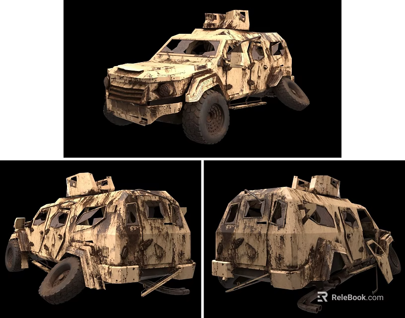 Armored Utility Vehicle With Rugged Design Camouflage Paint Large Wheels And Roof Equipment 3d model 