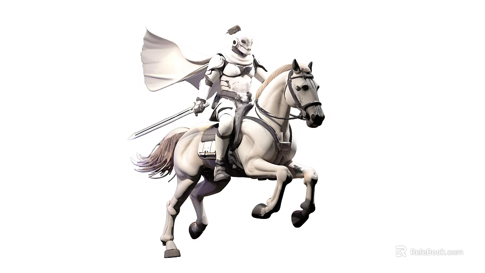 Medieval Knight in White Armor With Cape Riding Running White Horse Holding Sword 3d model 