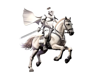 Medieval Knight in White Armor With Cape Riding Running White Horse Holding Sword 3d model