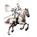 Medieval Knight in White Armor With Cape Riding Running White Horse Holding Sword