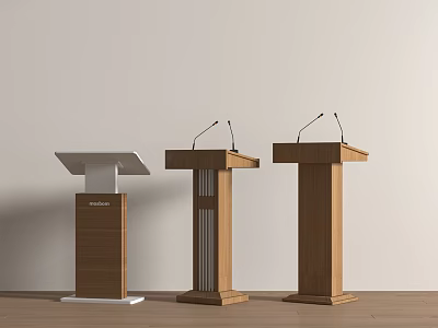 Three Wooden And White Podiums With Microphones In Simple Indoor Arrangement 3d model