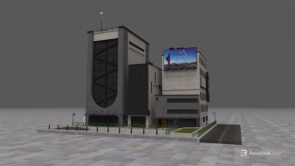 Modern Commercial Complex With Glass Facade Large Digital Billboard And Parking Area 3d model 