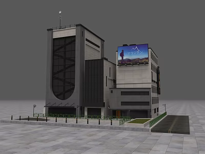 Modern Commercial Complex With Glass Facade Large Digital Billboard And Parking Area 3d model
