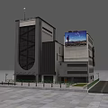 Modern Commercial Complex With Glass Facade Large Digital Billboard And Parking Area