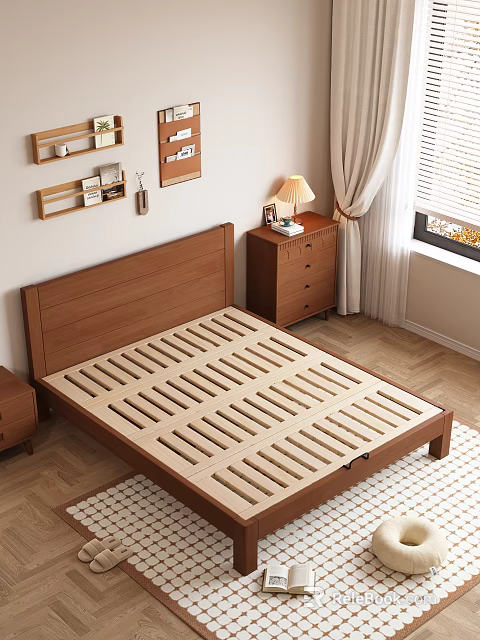 Wooden Double Bed Frame with Nightstand Lamp Storage Drawers and Wall Shelves 3d model 