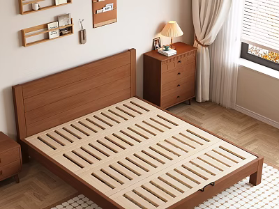 Wooden Double Bed Frame with Nightstand Lamp Storage Drawers and Wall Shelves 3d model