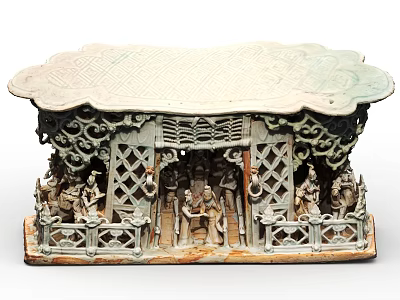 Traditional Carved Ceramic Vessel With Intricate Pagoda Design And Figural Reliefs 3d model