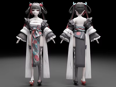 Anime Character 3D Model With Twin Ponytails Traditional Clothing Front Back Views 3d model