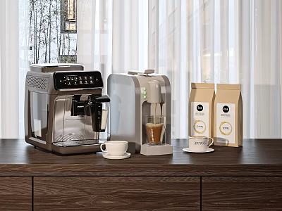 Modern Coffee Makers As Kitchen Appliances With Cups And Bean Bags On Wooden Counter 3d model