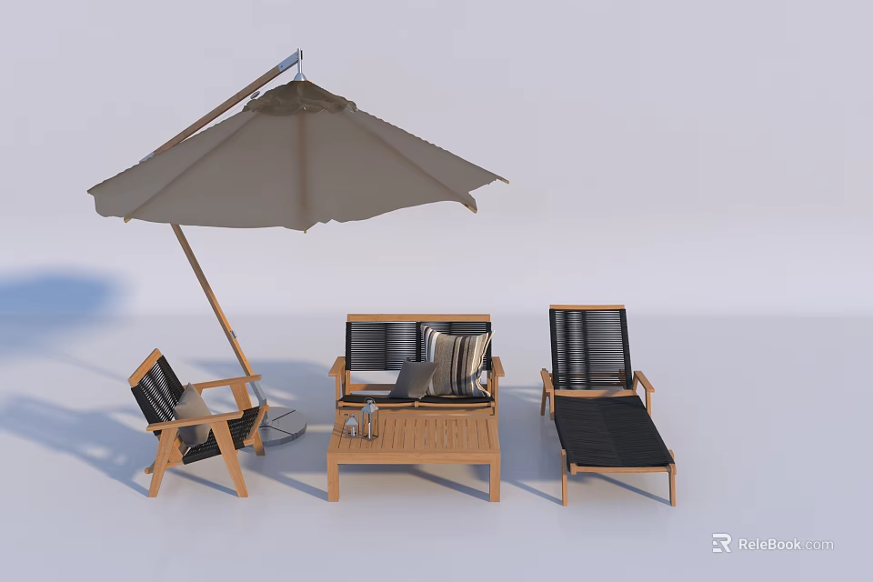Outdoor Patio Chairs With Wooden Frame Black Cushions And Beige Umbrella 3d model 