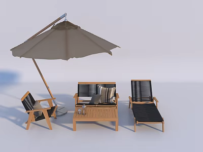 Outdoor Patio Chairs With Wooden Frame Black Cushions And Beige Umbrella 3d model
