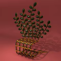 Modern Artistic Single Chair With Yellow Metal Frame And Green Leaf Decorations On Red Background