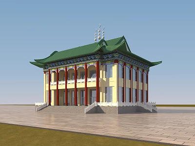 Traditional Chinese Architecture With Green Roof Yellow Walls Red Columns Steps And Plaza 3d model