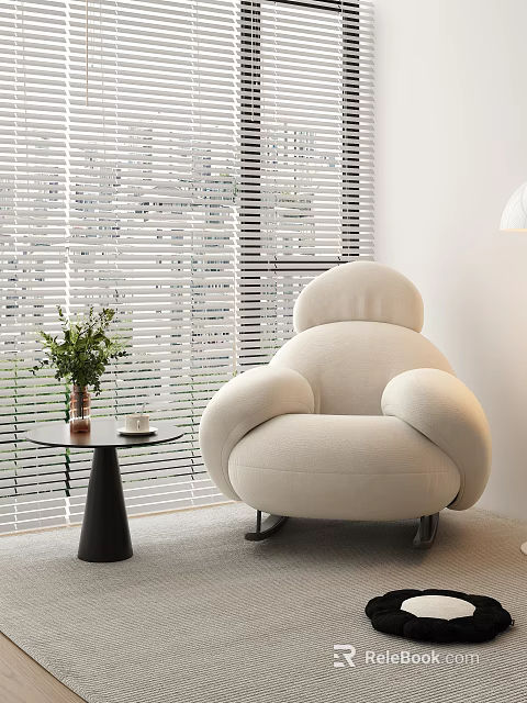 Sunlit Rounded Leisure Chair With Side Table Green Plant And Window Blinds 3d model 