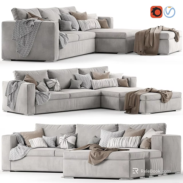 Modern Gray Two Seater Sofa With Soft Pillows And Cozy Blankets 3d model