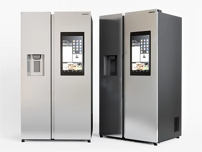 Modern Side by Side Refrigerators with Digital Display and Water Dispenser in Silver and Black 3d model