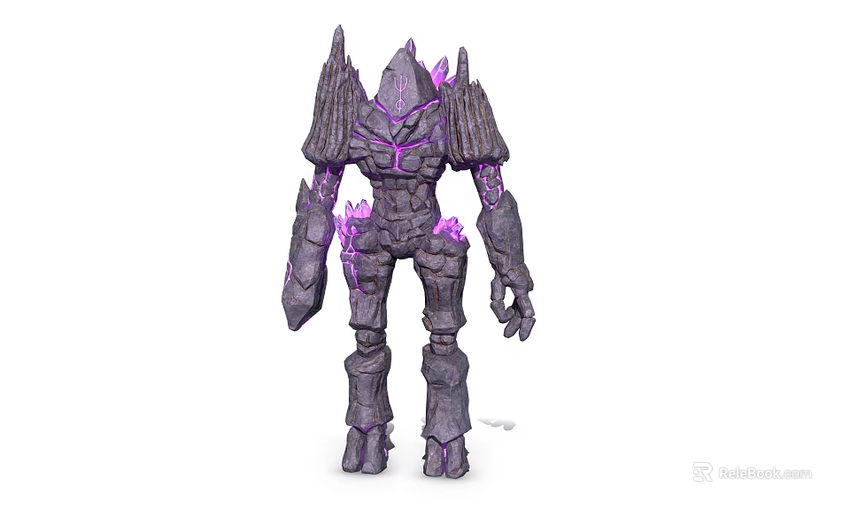 Game And Movie Character In Gray Stone Armor With Purple Glowing Crystals 3d model 
