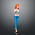 Anime Game Character With Orange Hair Green Top Blue Pants Standing Pose