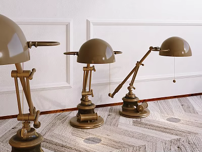 Vintage Brass Table Lamps with Adjustable Arms Against White Wall on Carpeted Floor 3d model
