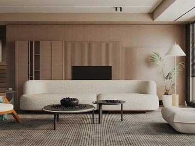 Contemporary Living Room Featuring Beige Curved Sofa Wooden Accent Wall Coffee Tables And Potted Plant 3d model