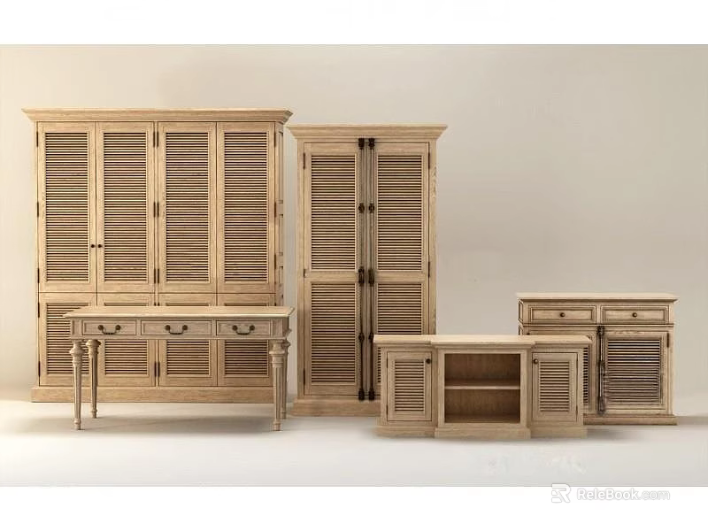 Classic Wooden Wardrobe Set With Louvered Doors Matching Dresser Drawers And Open Shelves 3d model 