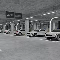 Underground Parking Lot With Multiple White Cars Parking Lines Pillars And Directional Signs
