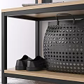 Modern Shoe Cabinet with Wooden Shelves Metal Frame for Hanging Coats Bags and Decorative Stool