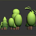 3D Modeled Green Plants With Various Shapes Including Palm Tree And Trunks On Dark Background