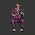 Game Movie Character in Pink Scrubs Sitting on Reflective Ground Holding Tablet with Gray Background