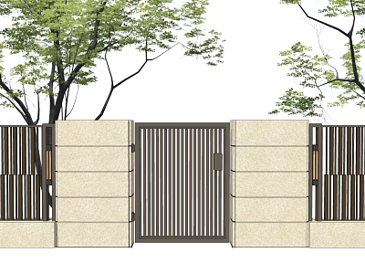 Modern Entrance Gate Design With Vertical Metal Slats Stone Walls And Trees 3d model