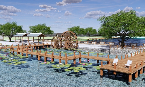 Modern Park Waterfront Park Landscape Beautiful Countryside Wharf Plank Road Wooden Plank Road Lotus Pond Fishing Pond 3d model